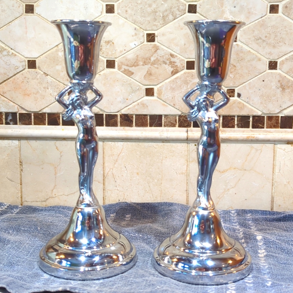 Farber bros woman silver candle holders pair